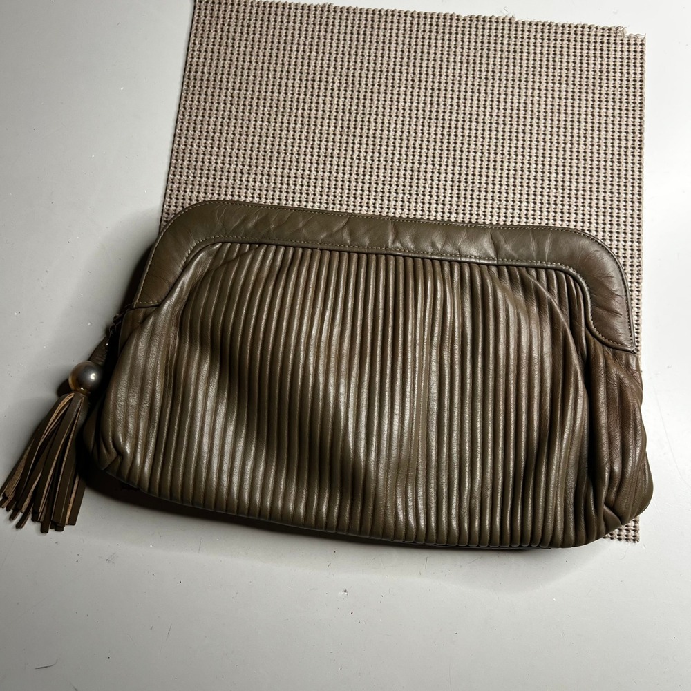 Lewis Vintage Olive Green Leather Pleated Tassel Clutch Bag Evening Purse
